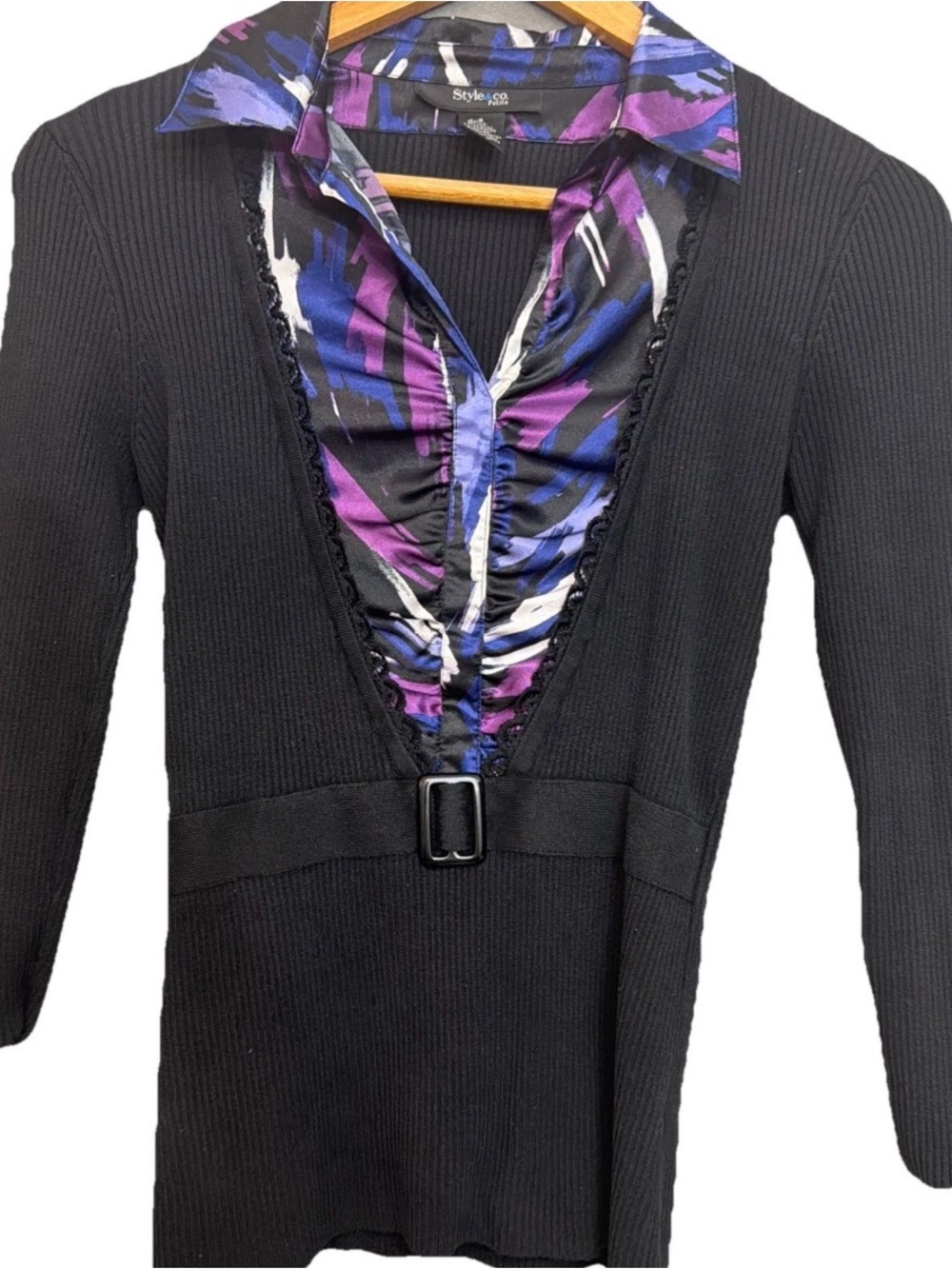 VTG Style & Co Y2K Office Siren Ribbed Faux Layered Top Purple Abstract